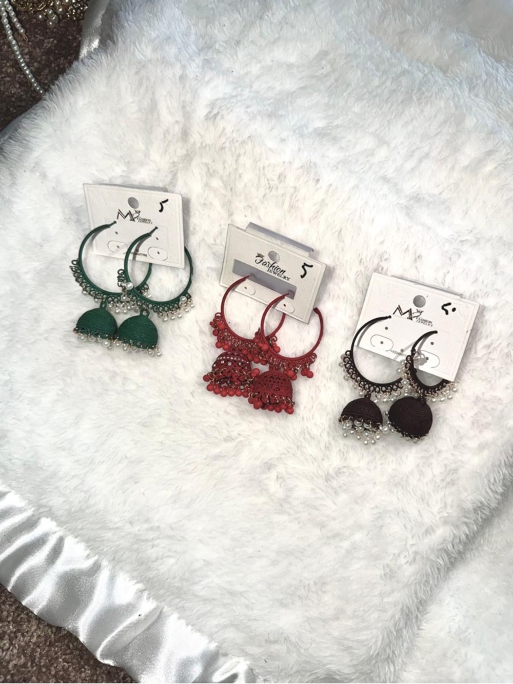 Handcrafted Jhumka Hoop Earrings in Green, Red, and Black